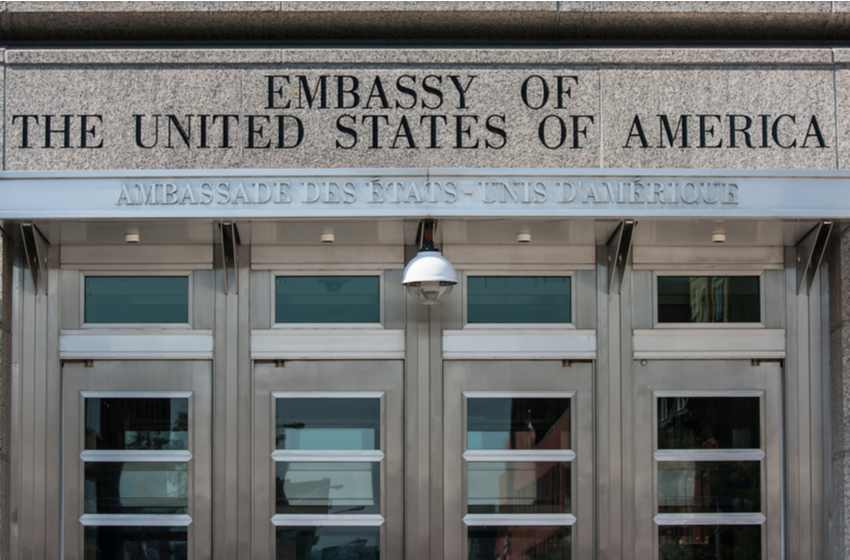 An entrance to the Embassy of the United States of America in Ottawa