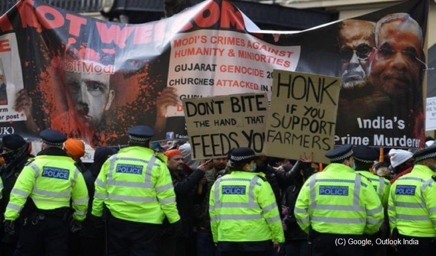 Demonstrators supporting farmers protests in India, gather outside Indian Embassy in UK