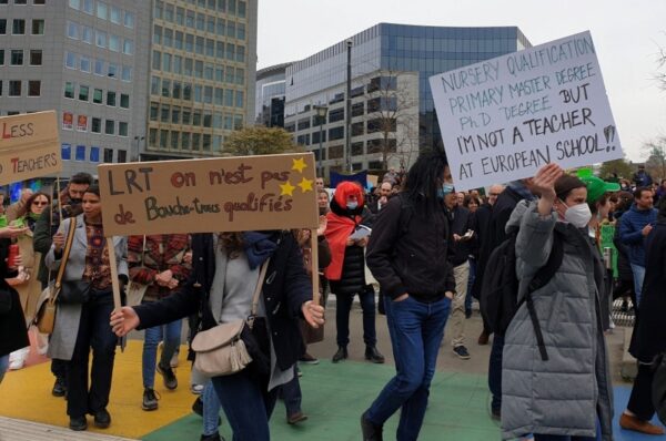 european schools' teachers demand eu employment rights in a protest in brussels