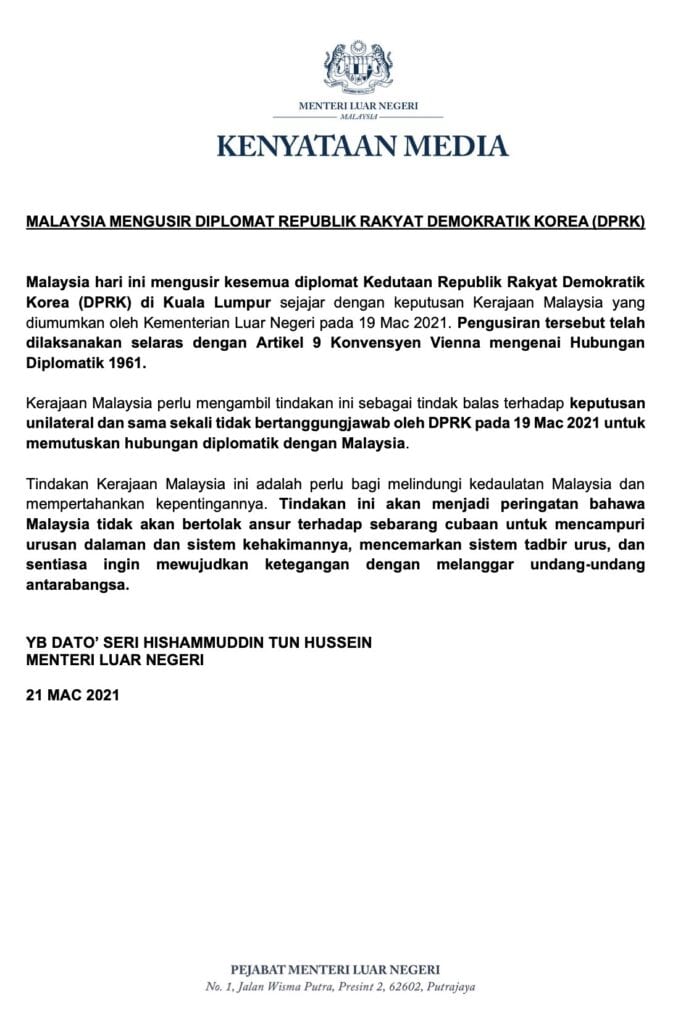 malaysia korea embassy statement malay