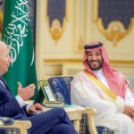 saudi crown prince mohammed bin salman and u.s. president joe biden meet at al salman palace upon his arrival in jeddah, saudi arabia