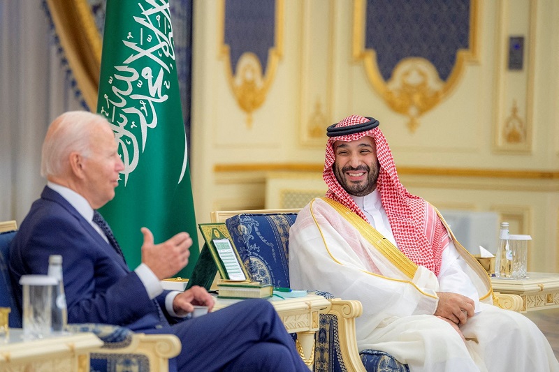 saudi crown prince mohammed bin salman and u.s. president joe biden meet at al salman palace upon his arrival in jeddah, saudi arabia