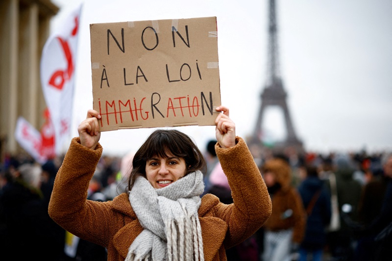 citizen march against the immigration law, surnamed "darmanin law", in paris